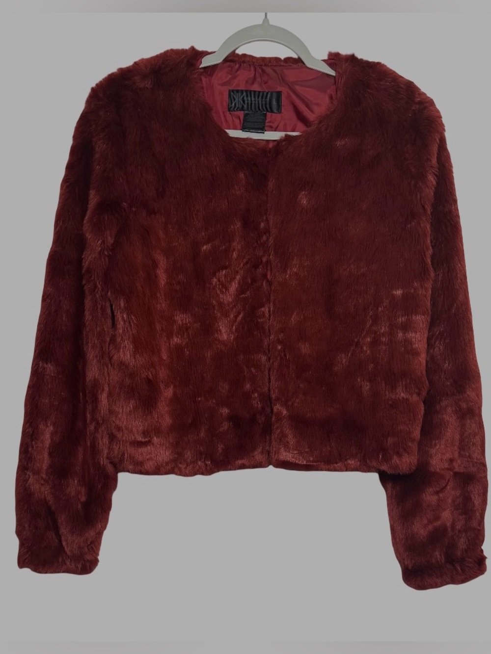 Kardashian Kollection Burgundy Women’s Faux Fur Cropped Jacket, Sz L. NWOT